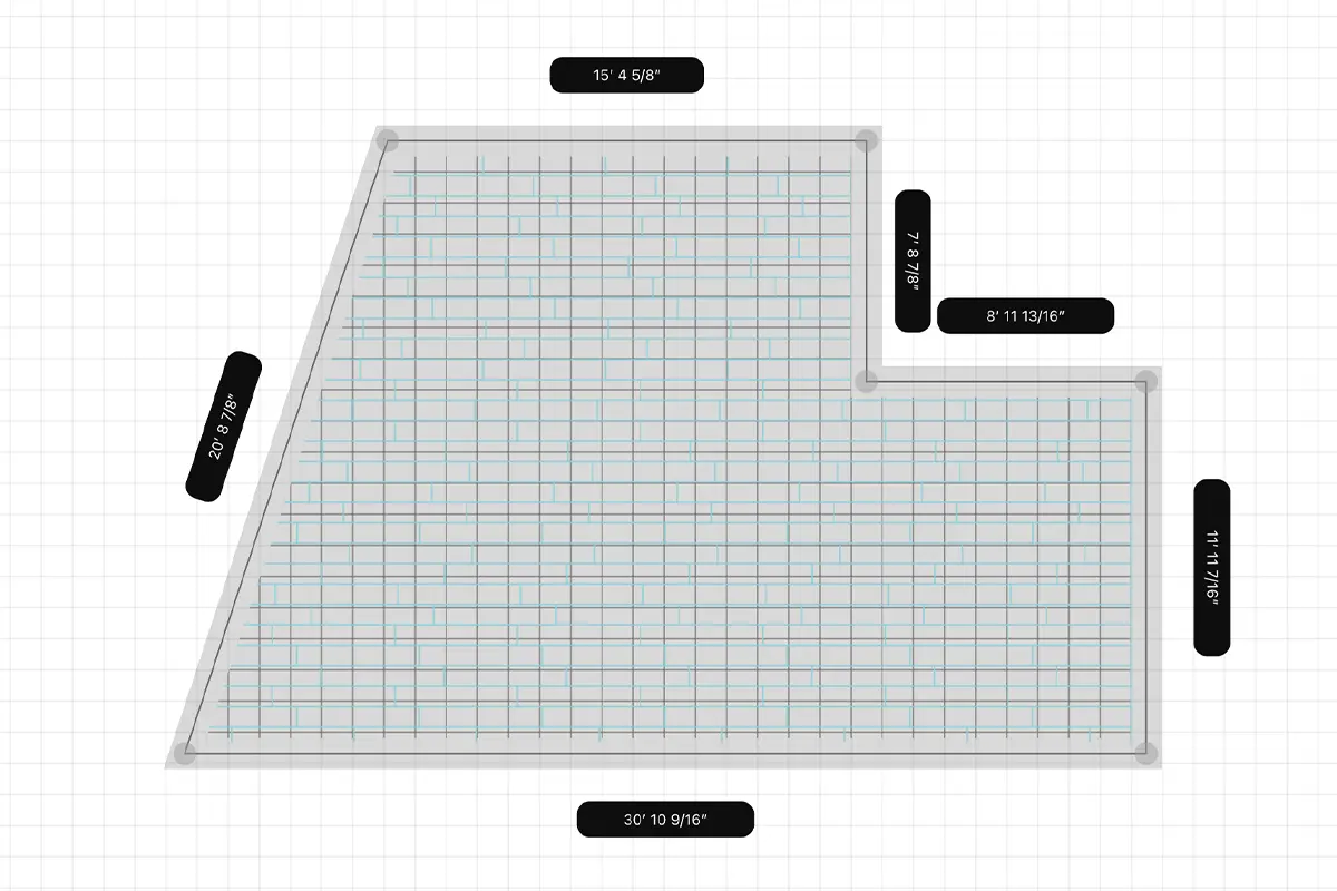 Flooring calculator room drawing tool showing an irregular floor plan.